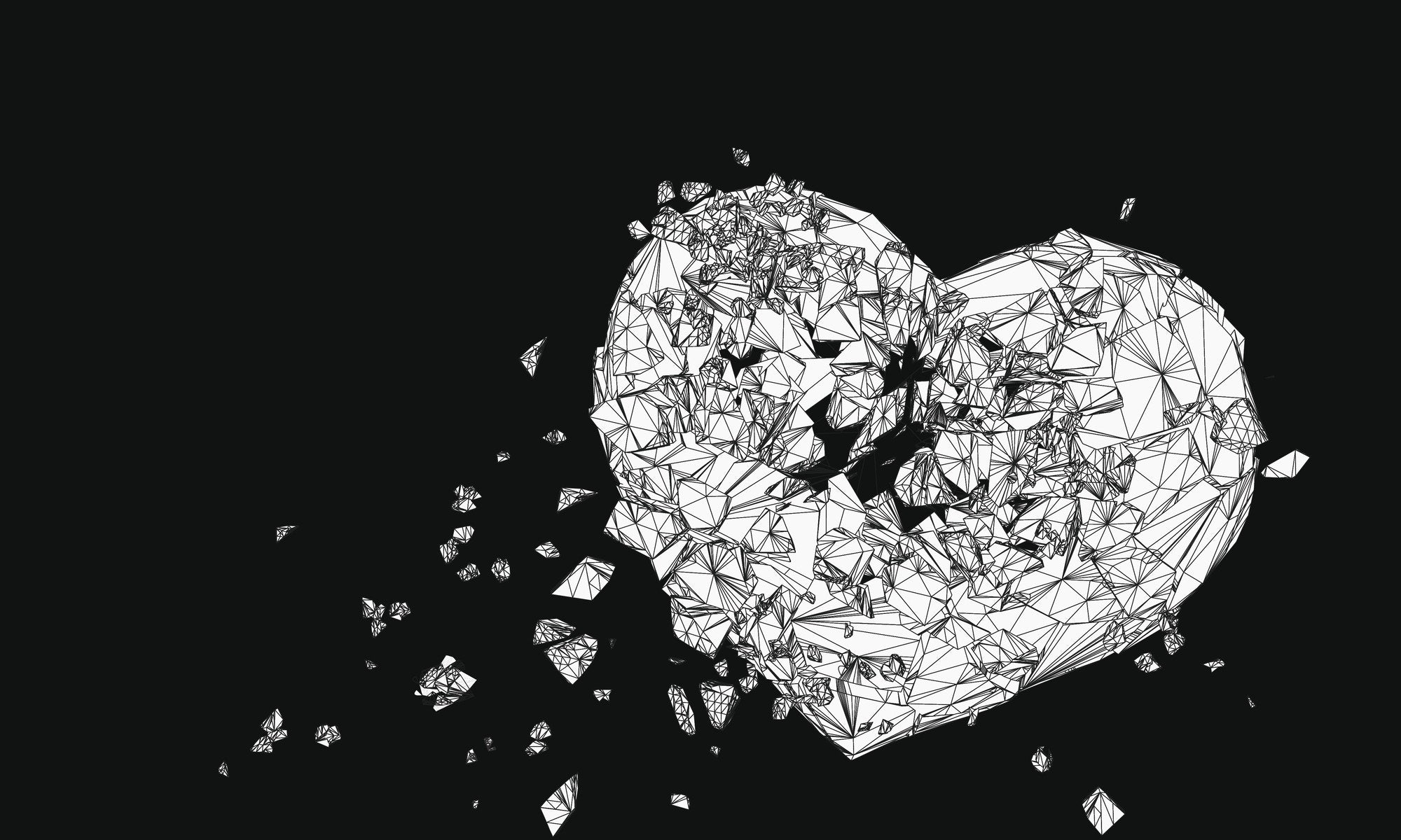 Polygonal broken heart drawing graphic in black and white