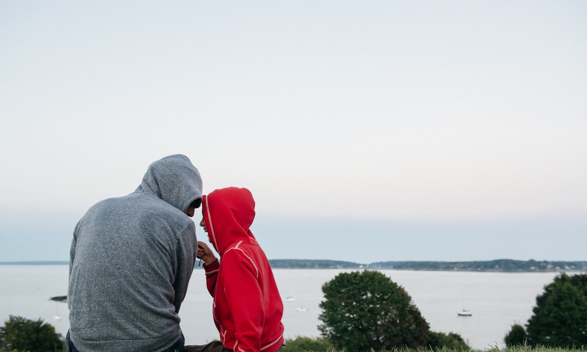 father and son  on top of a hill together enjoying the view