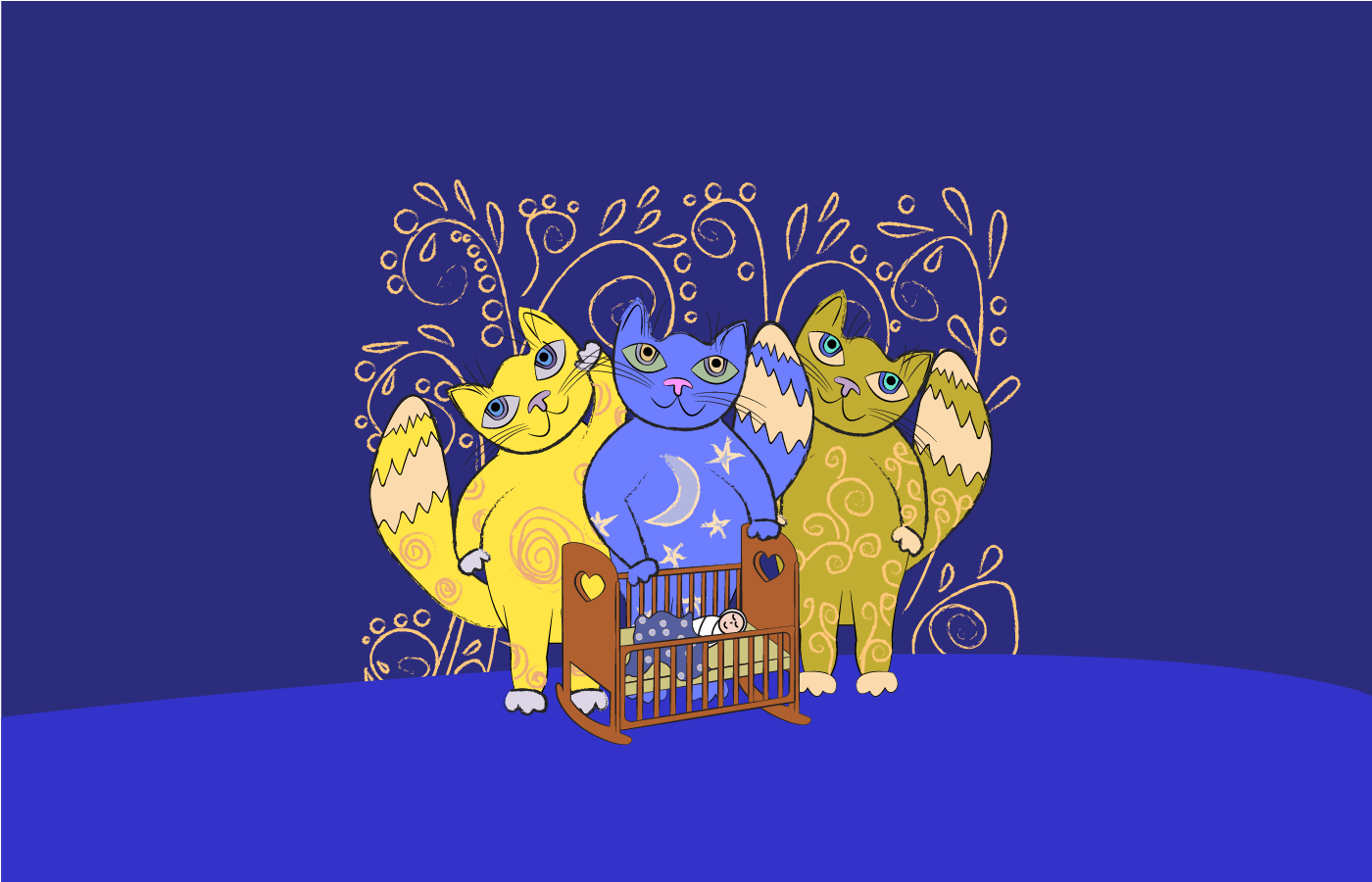 drawing of three cats standing at the baby craddle