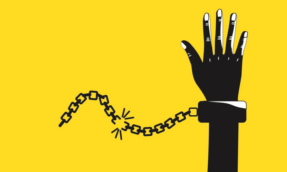 raised hand and broken chain over yellow background vector illustration